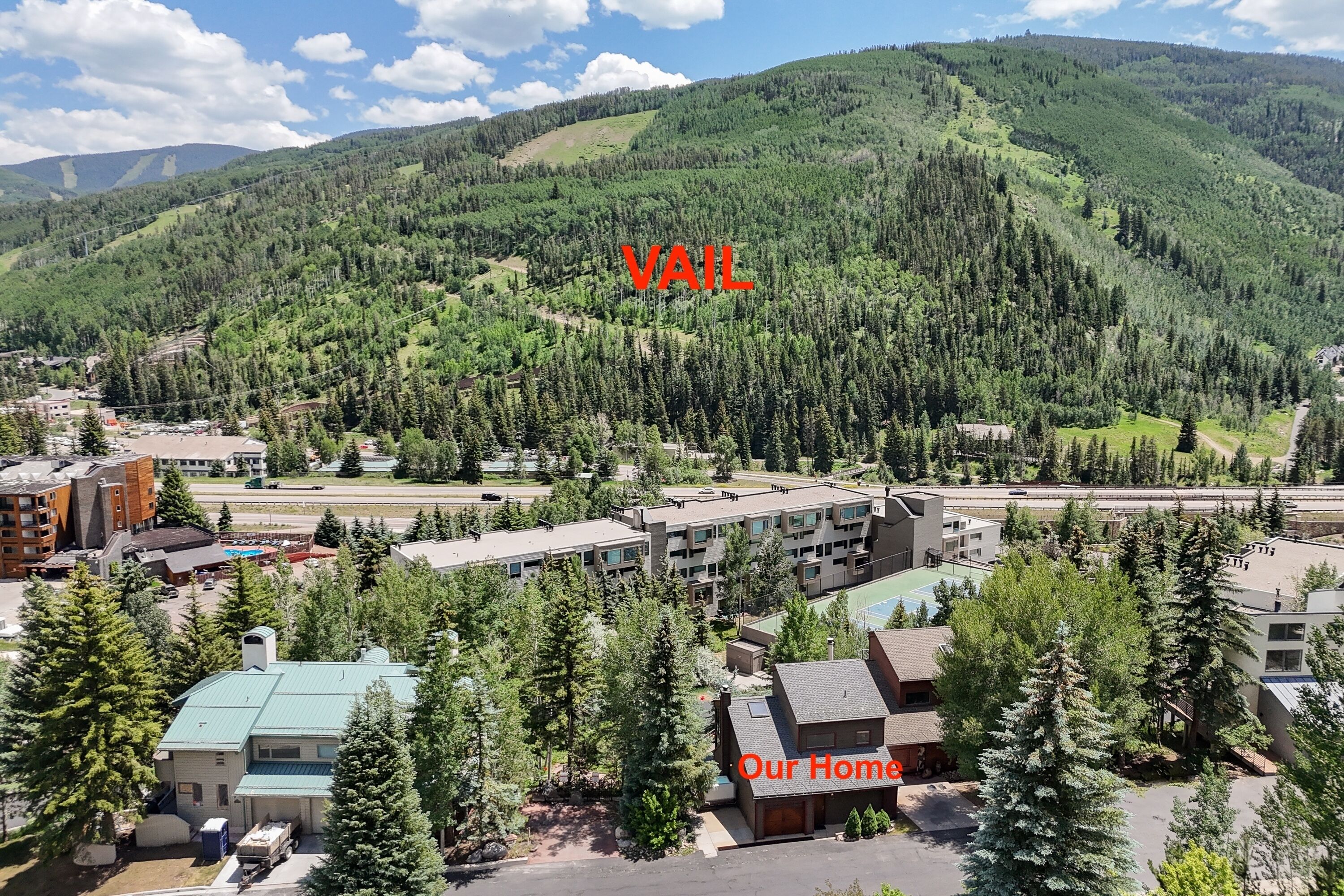 A residential area with a mix of modern and traditional buildings, surrounded by dense forest and mountains.
