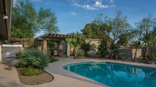 Una piscina con una pérgola y palmeras.