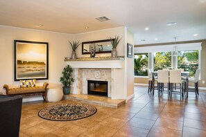 Smart TV, fireplace, video games, DVD player