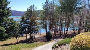 A curved driveway leading to a lake with trees and shrubs on either side. - Grand-Escapes on Norris Lake-Available May July3-10, July 17-24, July 31-Aug 14. (La Follette)