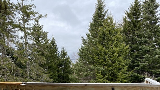 Una terraza de madera con dos sillas Adirondack y una mesa.