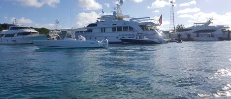 A marina with several yachts docked.