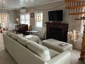 Smart TV, fireplace, books