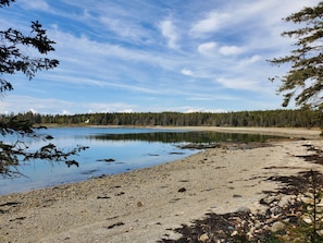 Ein ruhiger See mit Kiesufer, umgeben von dichtem Wald und einem klaren Himmel.