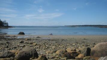 Enjoy a serene beach experience with a rocky shoreline, boulders, and pebbles.
