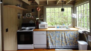 A kitchen with wooden walls, a stove, a microwave, and a window with a view of trees. - Prud'homme Cottage: bright, private architectural cottage on Mitchell Cove (Bernard)