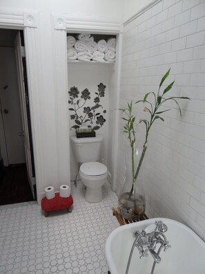 Combined shower/tub, hair dryer, towels, soap