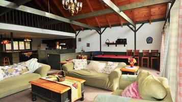 Smart TV, fireplace, DVD player, foosball
