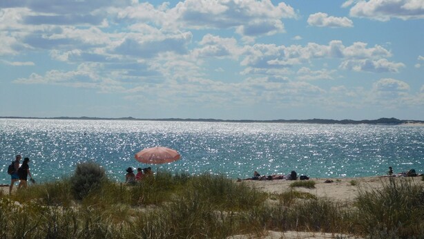 Una playa con gente relajándose bajo sombrillas, cielo despejado y formas de tierra a lo lejos.