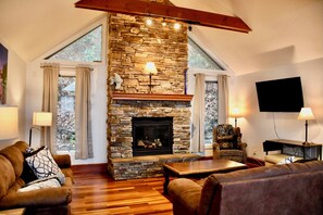 Smart TV, chimenea, reproductor de DVD y libros