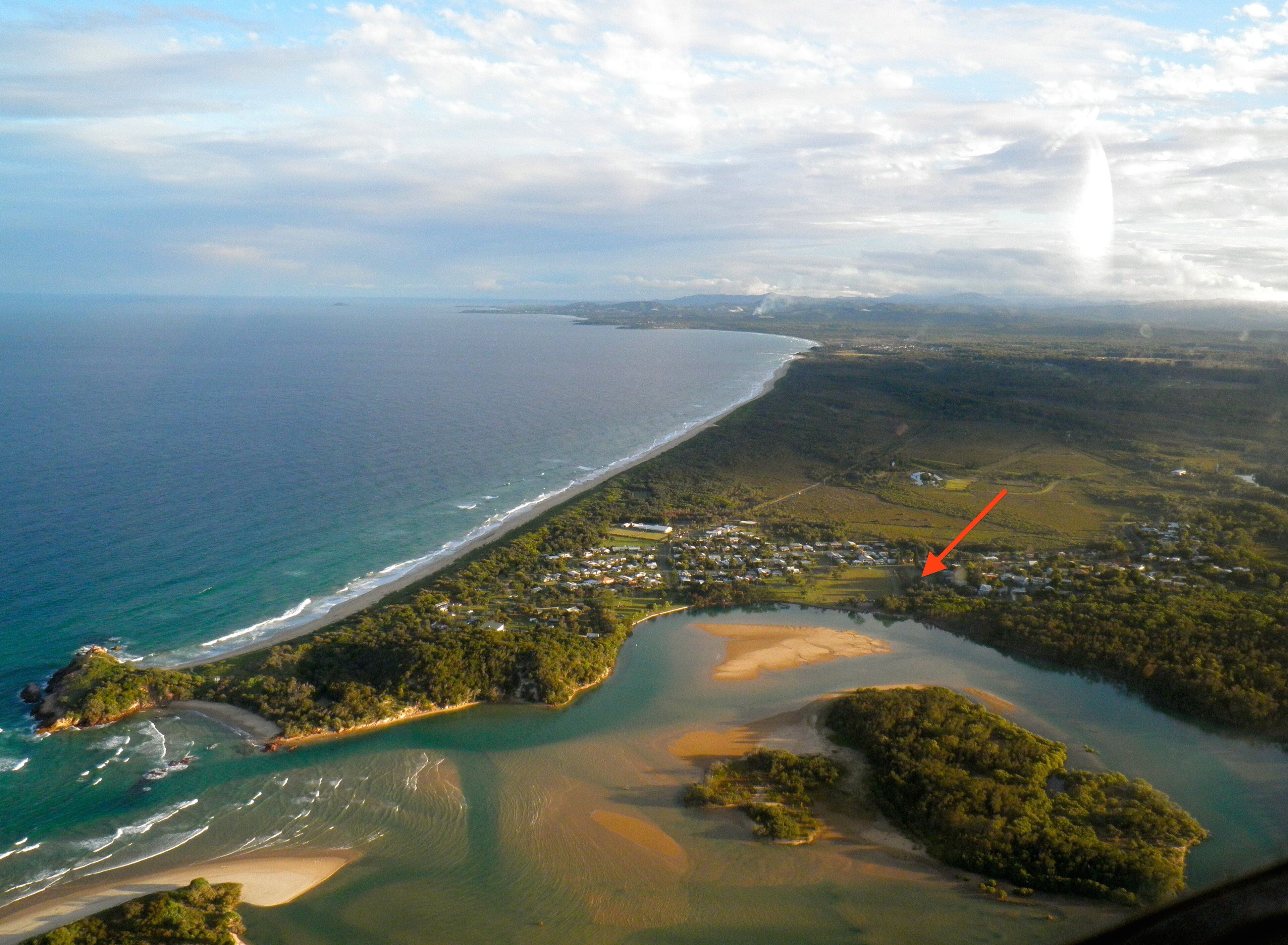 Red Rock from the air, the red arrow marks location of house