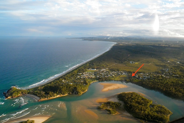 Red Rock from the air, the red arrow marks location of house