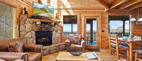 Flat-screen TV, fireplace, video games, DVD player