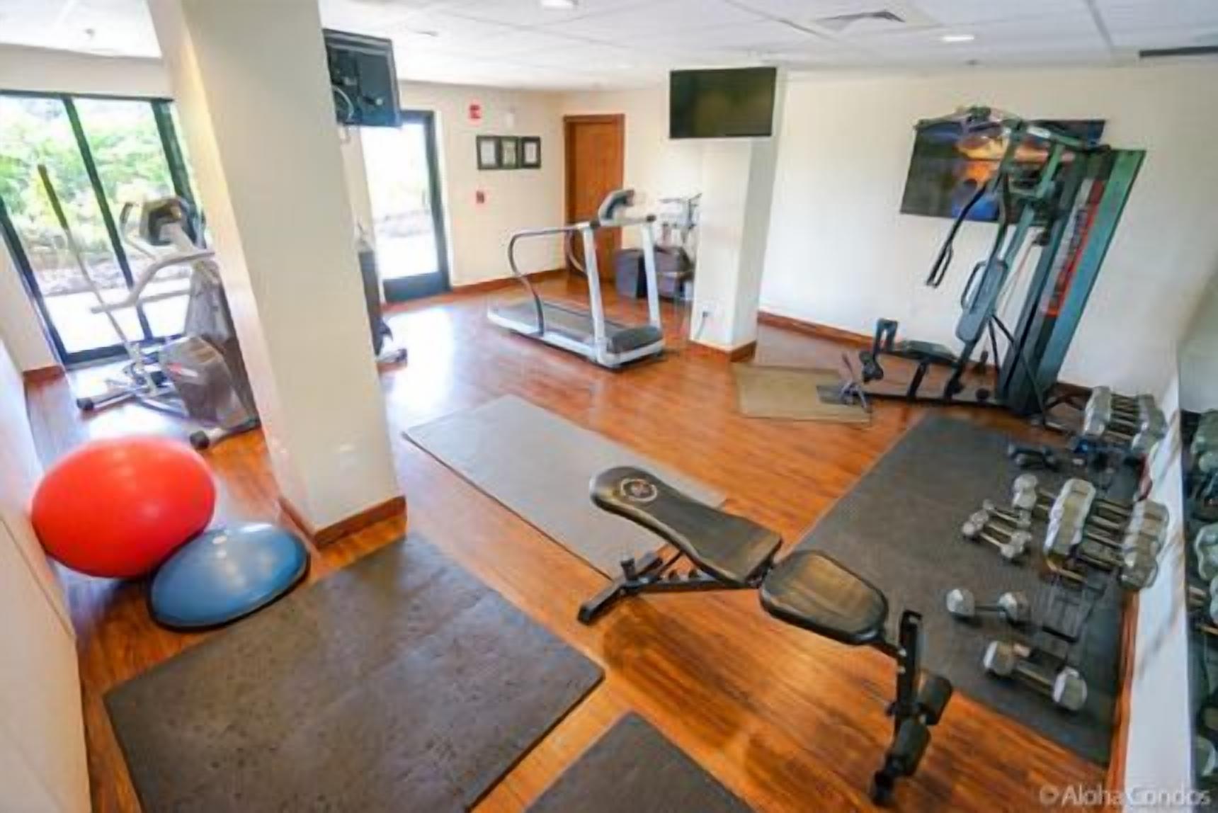 A gym with exercise equipment, a treadmill, and exercise balls.