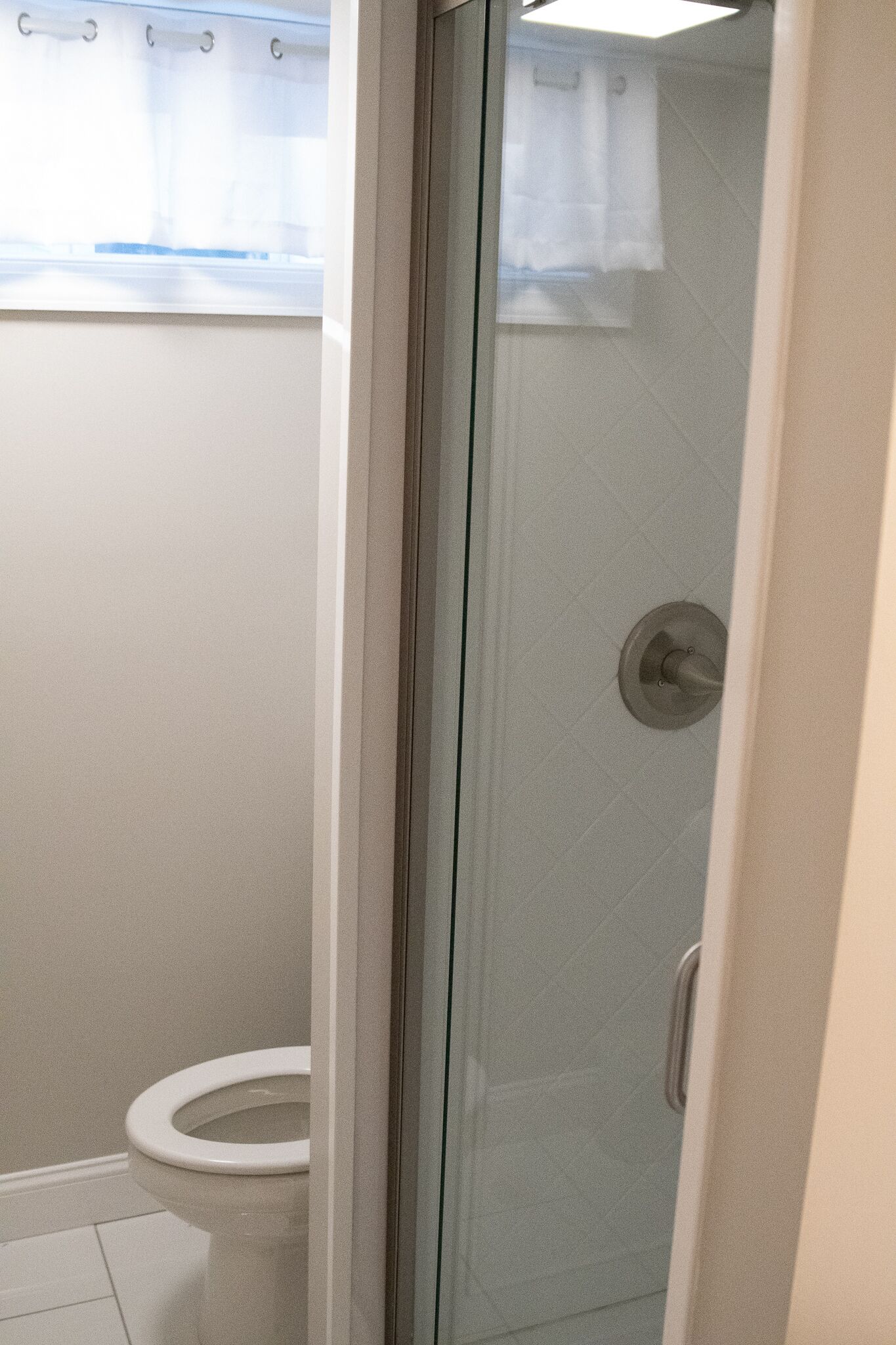 A bathroom with a glass-enclosed shower, a toilet, and a window with curtains.