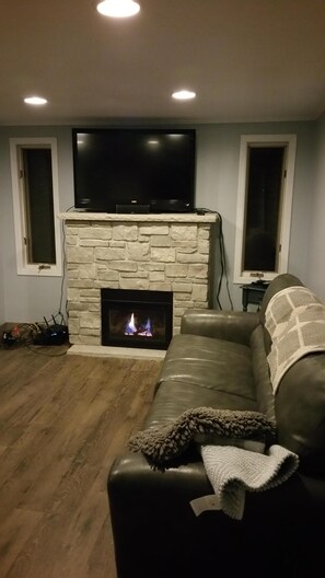 TV, fireplace, books, stereo