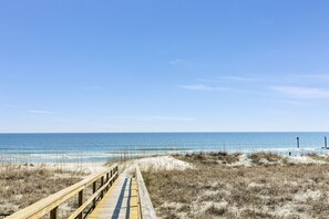 On the beach, sun loungers, beach towels