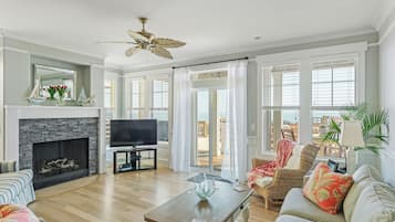 TV connectée, cheminée, lecteur de DVD, livres