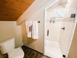 Combined shower/bathtub, jetted bath, hair dryer, towels