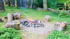 Een camping met een vuurkuil, omringd door rotsen en hout, gelegen in een bebost gebied met bomen en begroeiing.