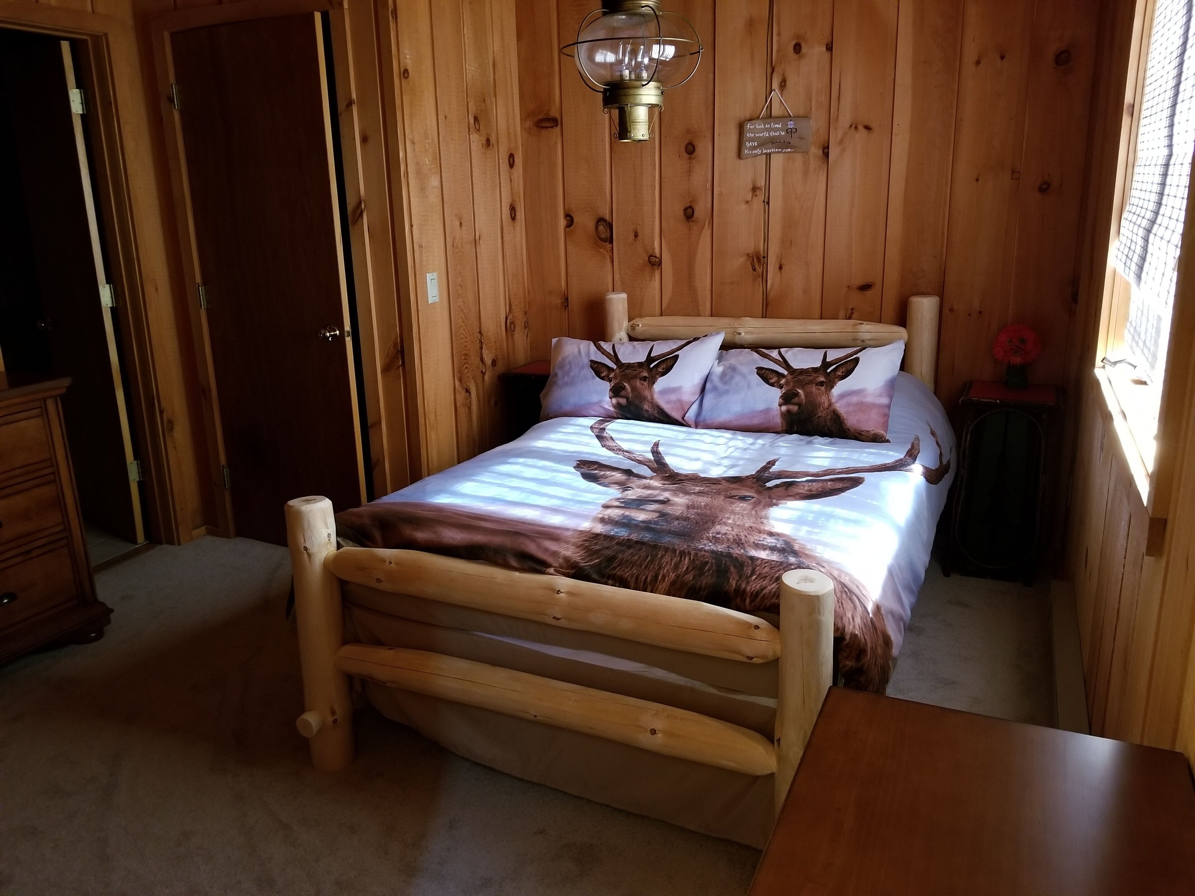 A wooden-paneled room with a bed featuring a moose print bedspread, a wooden headboard, and a small bedside table with a lamp.