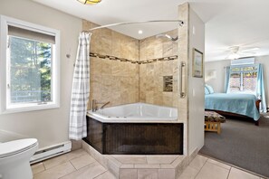 Combined shower/bathtub, jetted bath, hair dryer, towels
