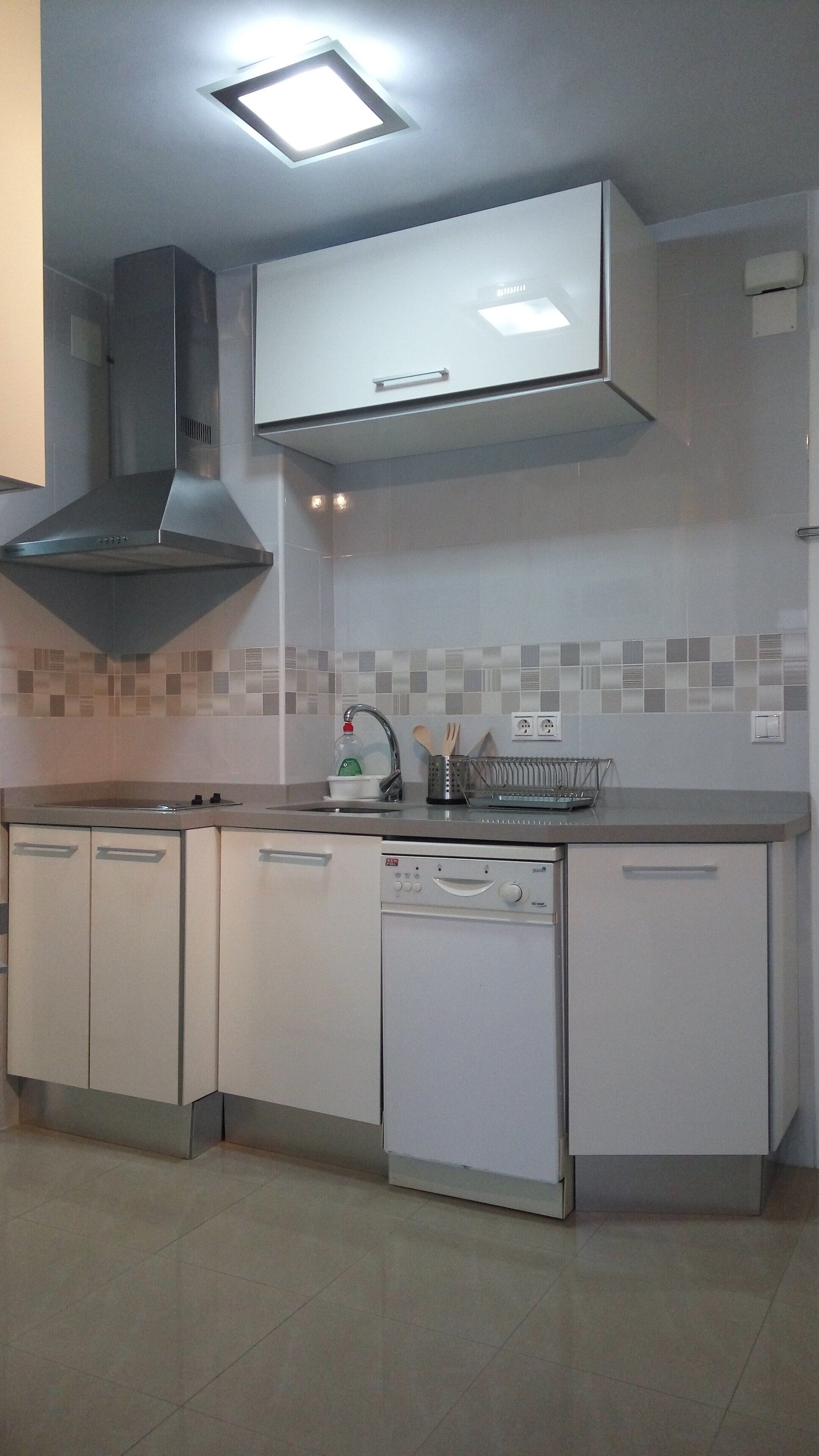 A modern kitchen with a dishwasher, a stainless steel range hood, and a tiled backsplash.