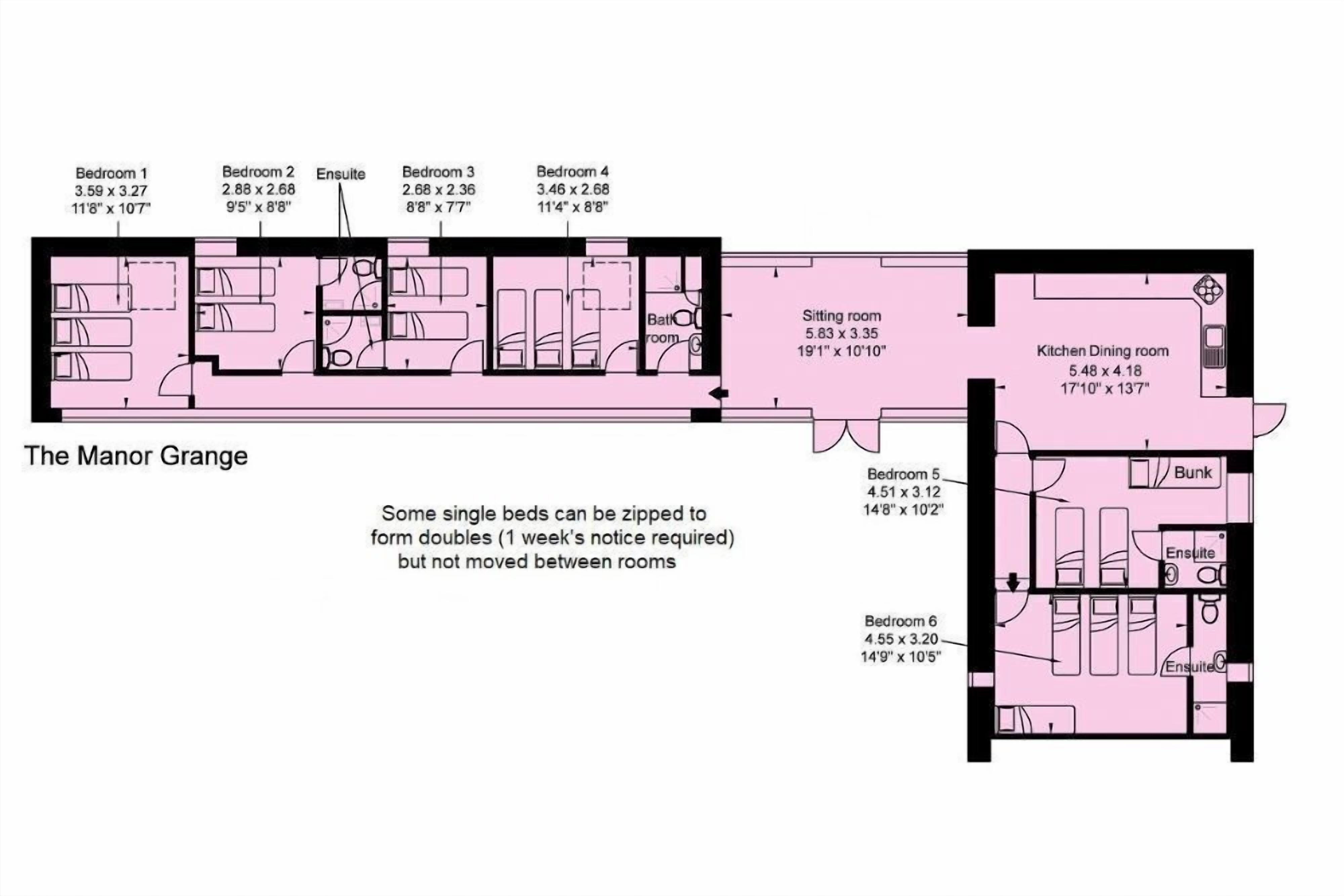 A floor plan of The Manor Grange hotel, detailing room dimensions and layout, including a sitting room, kitchen dining room, and ensuite bathrooms.