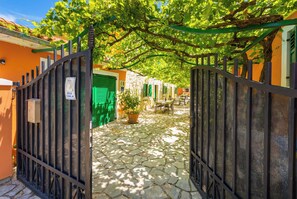 A narrow cobblestone street with a metal gate, a green door, and a potted plant.