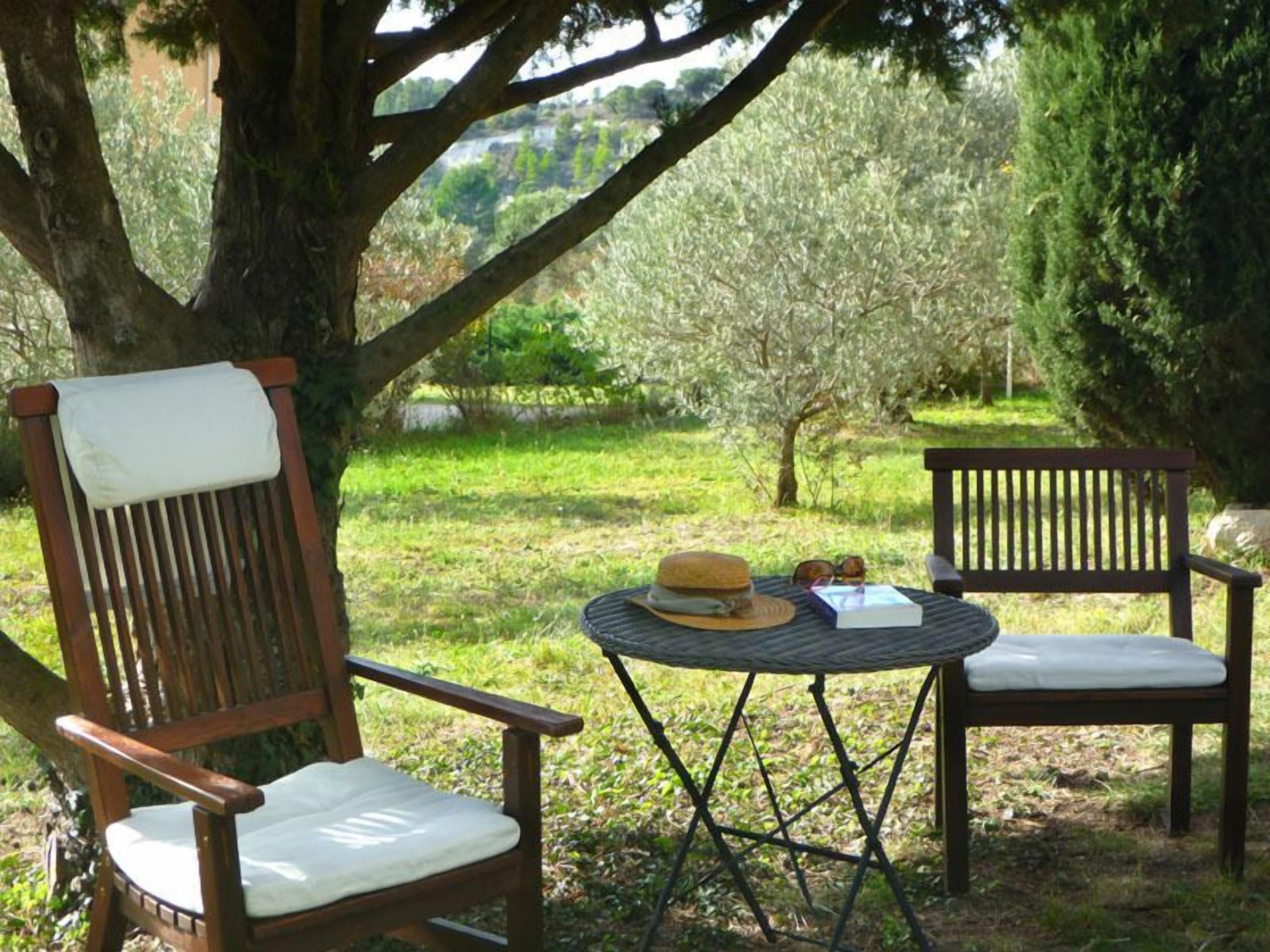 A wooden chair and a bench under a tree, with a table between them.