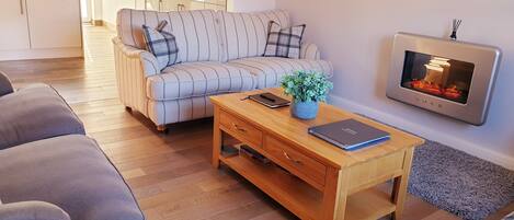 Smart-TV, Kamin, DVD-Player, Bücher