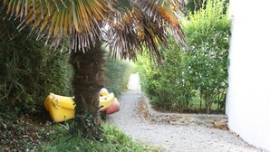 A pathway leading to a white building, surrounded by greenery and two yellow boats.