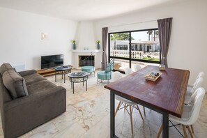 Smart TV, fireplace, books