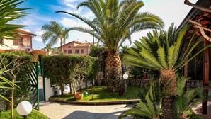 Un jardín con palmeras, un camino empedrado y un edificio al fondo.