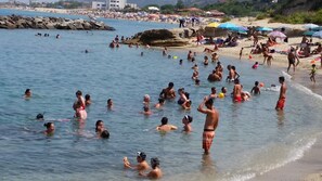 On the beach, sun loungers