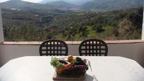 Una mesa con una cesta de fruta y dos sillas orientadas hacia un paisaje montañoso.