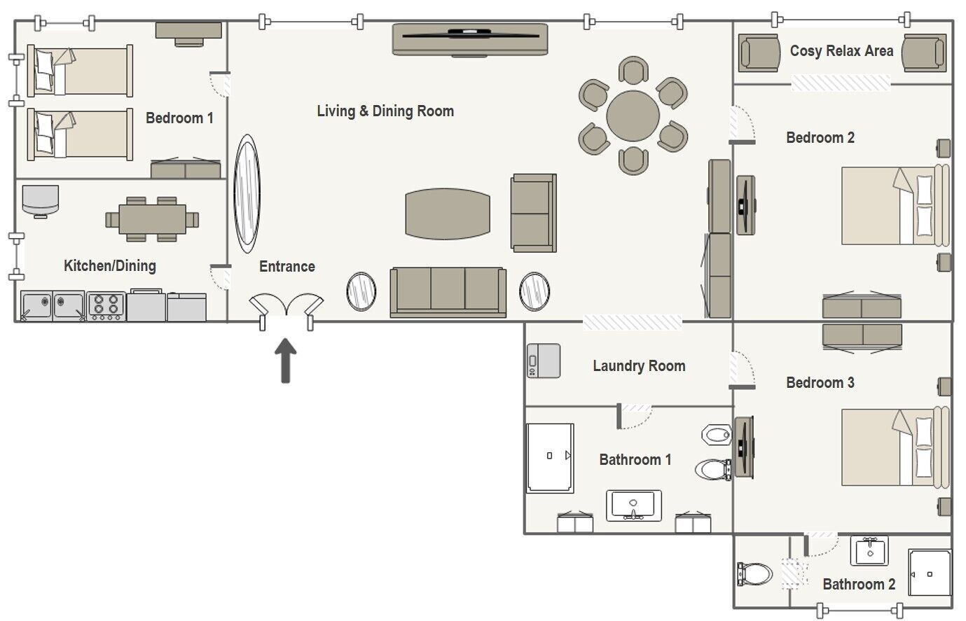 A floor plan with a living & dining room, kitchen, two bedrooms, two bathrooms, a laundry room, and a cozy relax area.