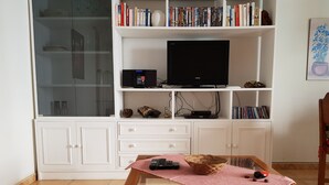 Un salon comprenant une table basse avec un plateau en verre, une bibliothèque remplie de livres et de DVD, un téléviseur à écran plat et un vase décoratif.