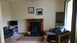 A living room with a fireplace, two framed pictures on the wall, a television on a stand, and a sofa with a patterned cushion.