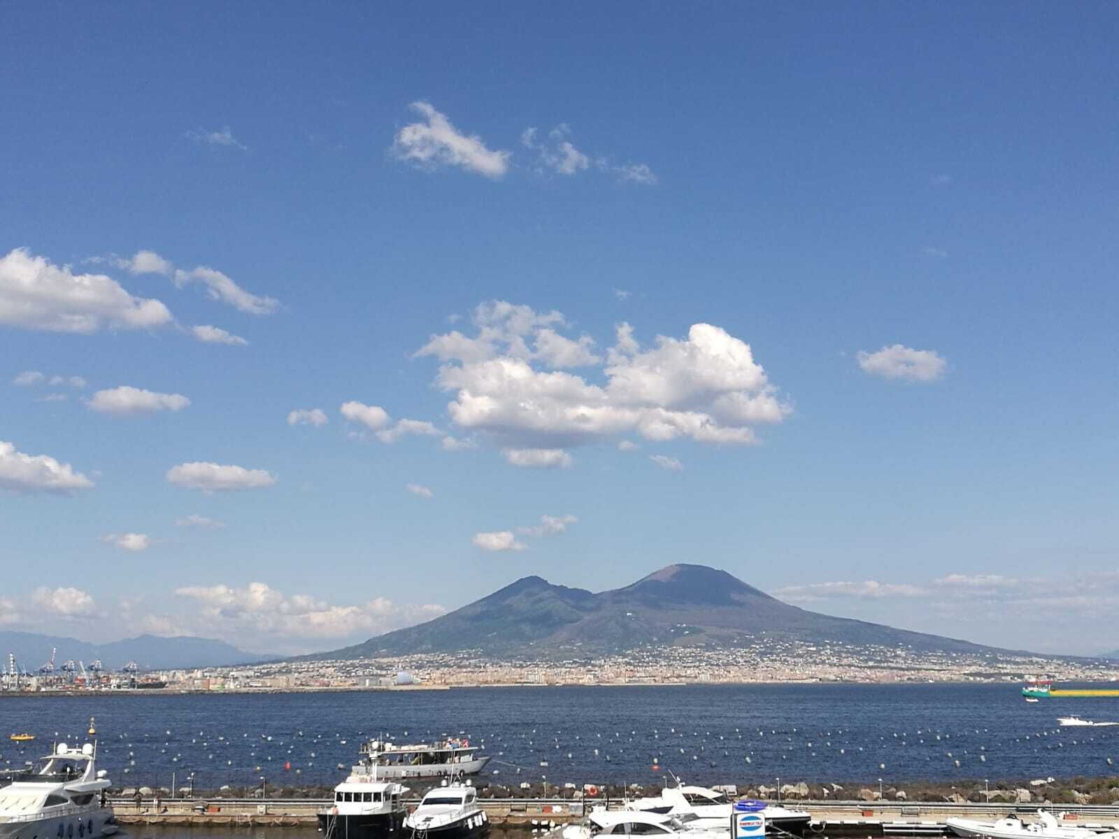 A marina with boats docked, a clear sky, and a mountain in the background.
