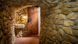 En korridor med stenvægge, der fører til en trädør, med en stenbænk og en lysarmatur.
