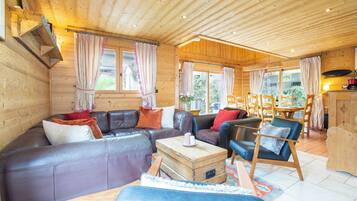 Smart TV, fireplace, books, stereo