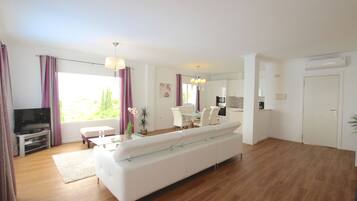 TV connectée, cheminée, lecteur de DVD, table de tennis de table