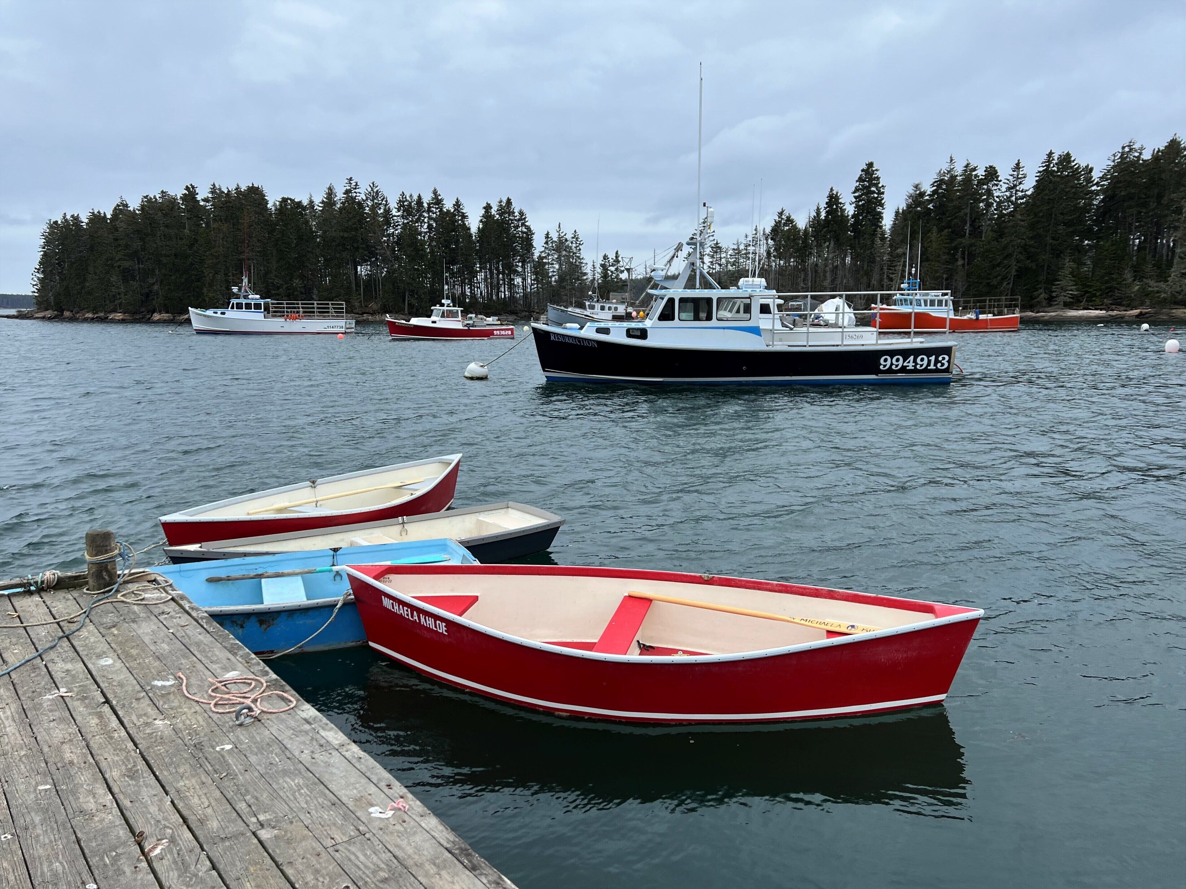 A dock with several small boats moored, a larger boat with the number 94913 in the background, and a forested shoreline.