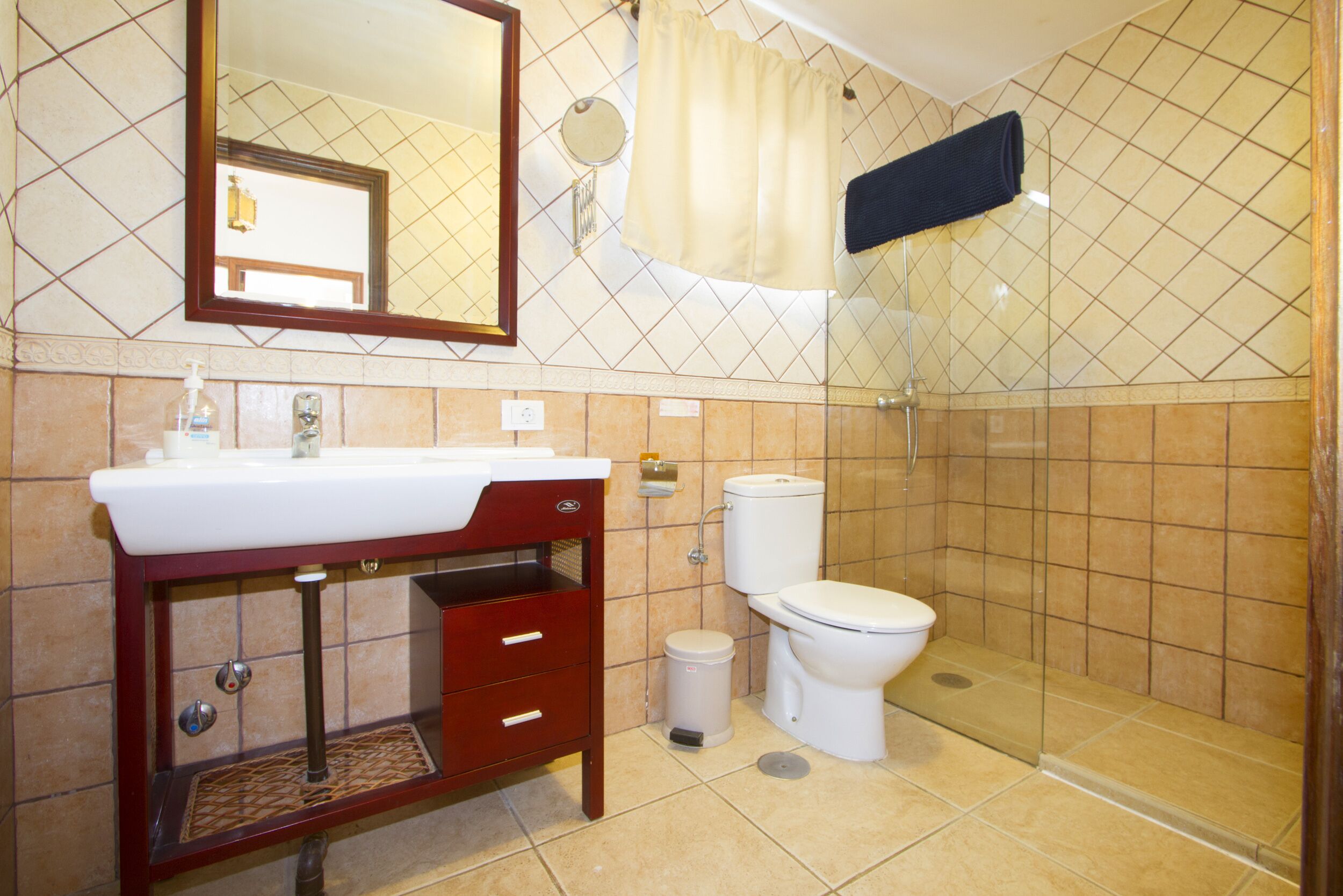 A bathroom with a sink, mirror, toilet, and shower.
