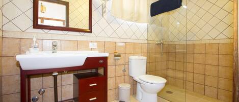 A bathroom with a sink, mirror, toilet, and shower.