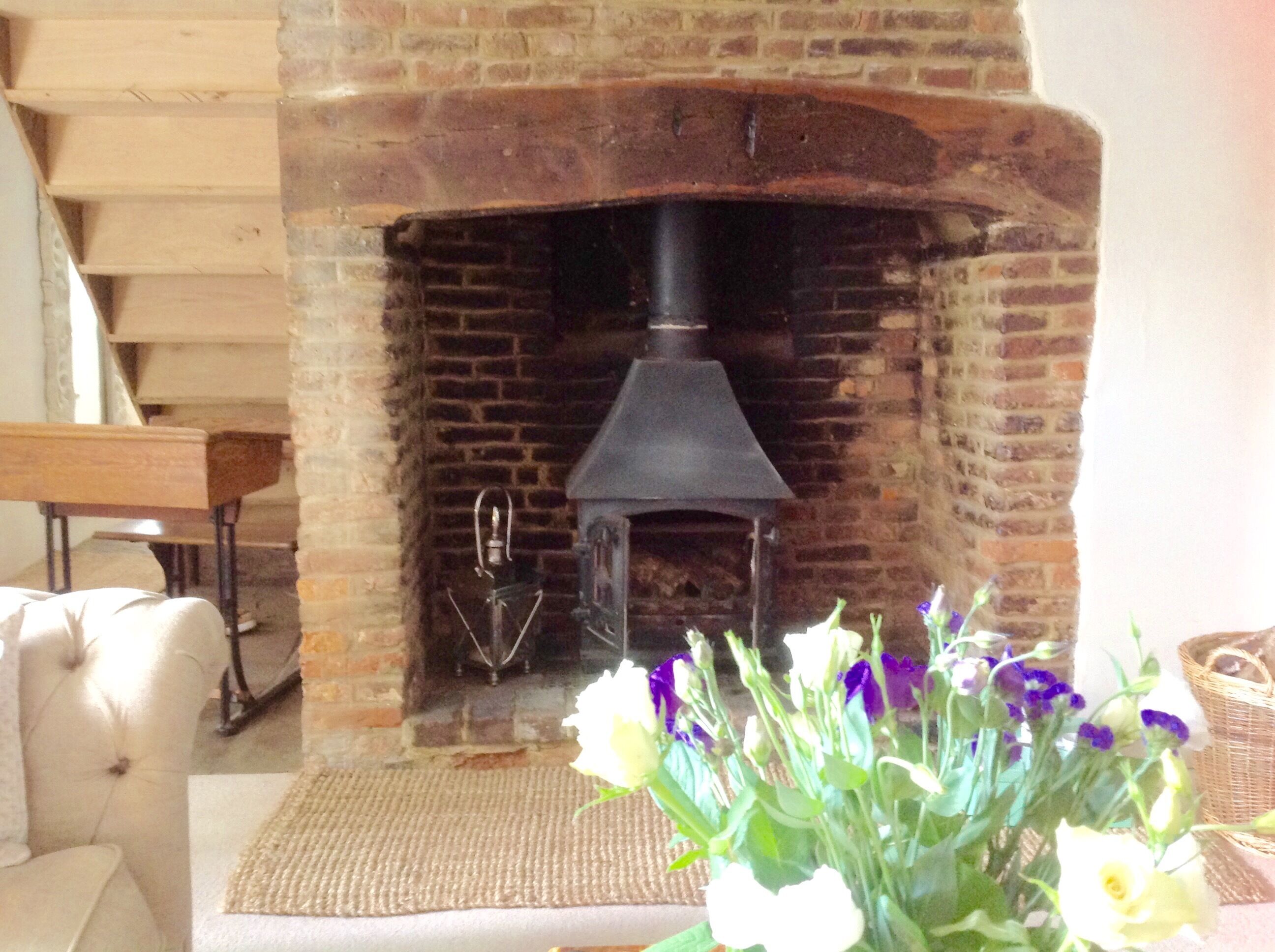 Smart TV, fireplace, books, stereo
