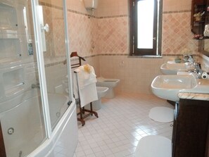 Combined shower/tub, jetted tub, hair dryer, bidet