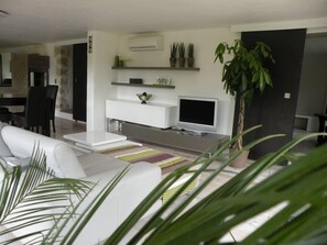 Fernseher, DVD-Player, Tischtennisplatte, Bücher