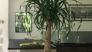 A potted tree in a modern kitchen with a dark countertop, a sink, and a framed picture on the wall. - Comfortable, quiet, spacious apartment, lush garden, Nice hinterland  (Roquefort-Les-Pins)